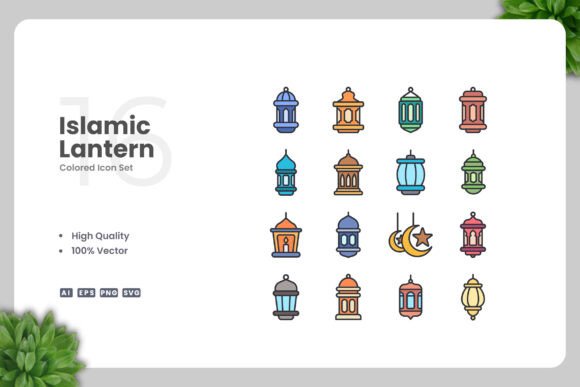 Islamic Lantern Colored Icons: Premium Graphics for Web